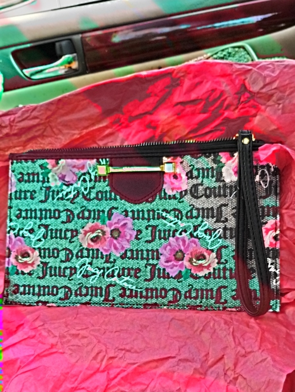Juicy Couture Floral Logo Wristlet Clutch in Teal, Pink and Black
